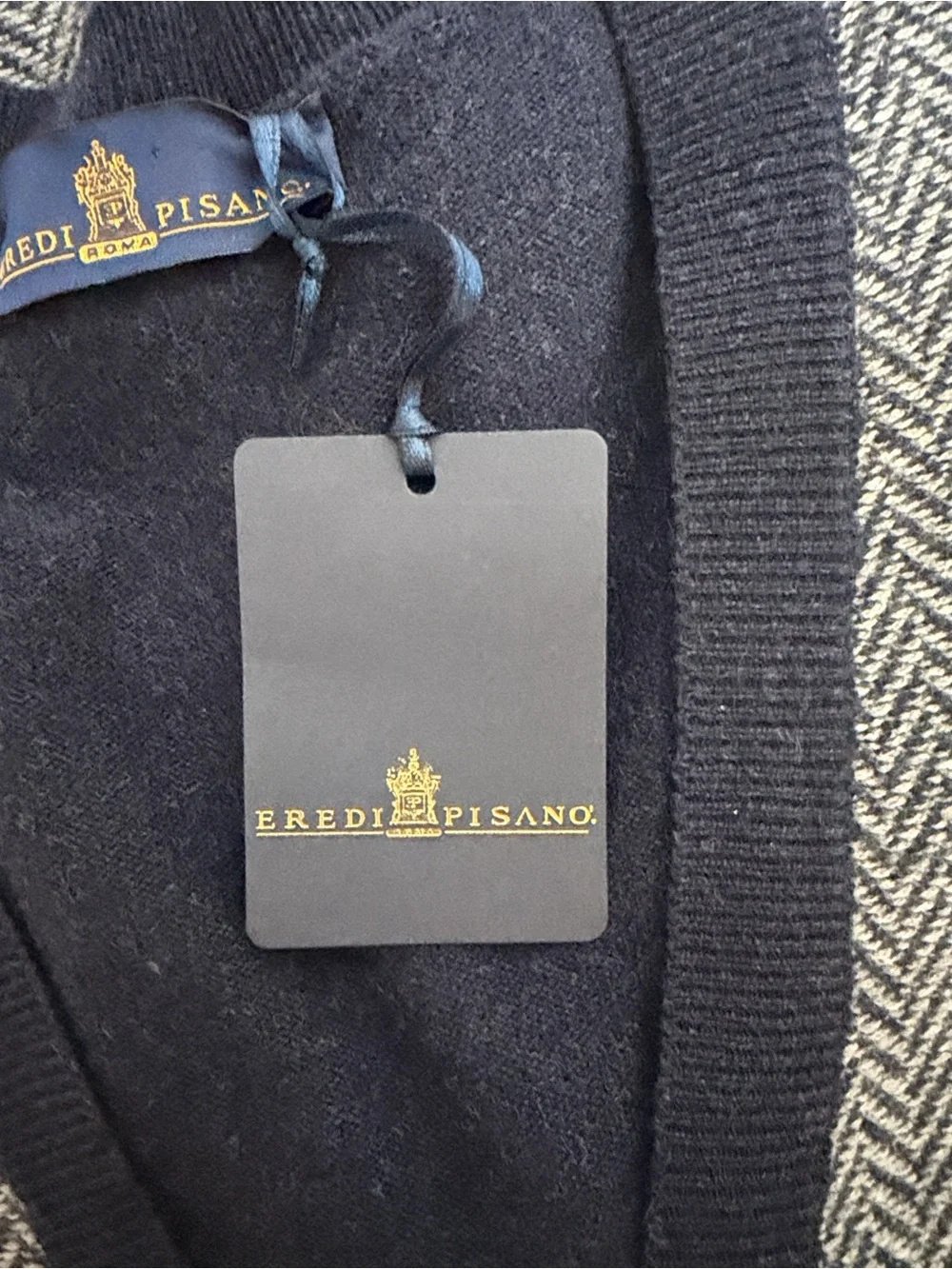 Eredi Pisano Wool Cashmere Grandpa Cardigan Herringbone Navy Gray sz L Slim NWT